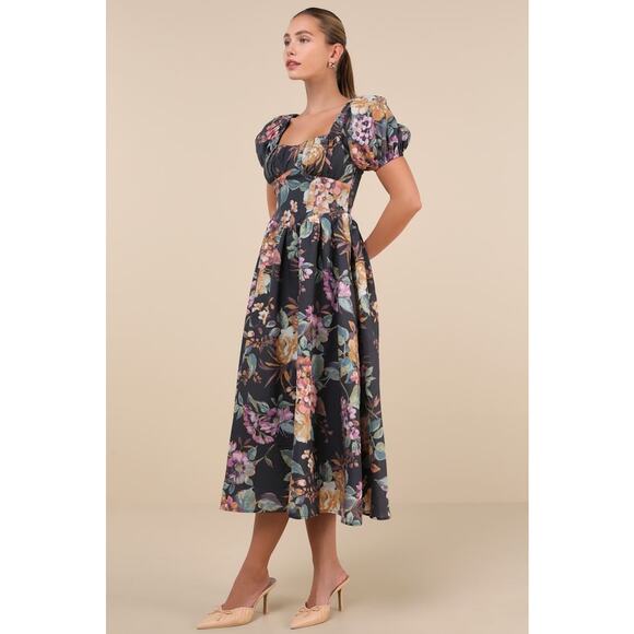 NWT Lulus Adorable Tendencies Dark Grey Floral Puff Sleeve Midi Dress Party XL - Picture 8 of 9